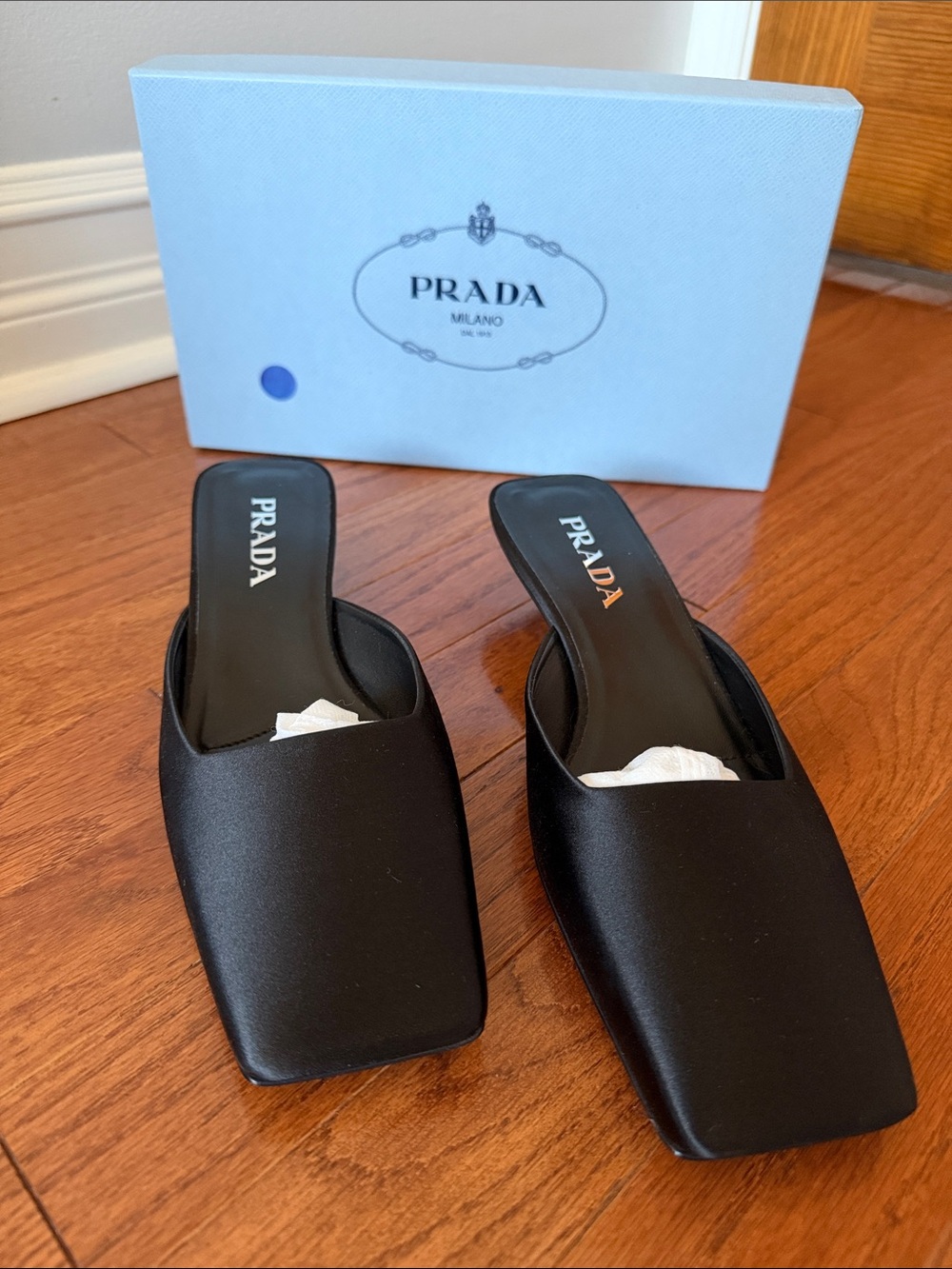 Prada Black Satin Square-Toe Slide Mules — Size 38.5 — Brand New